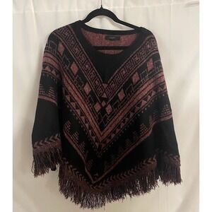 Love Tree Black Rust Geometric Pattern Fringe Sweater‎ Boho Whimsy Style Poncho